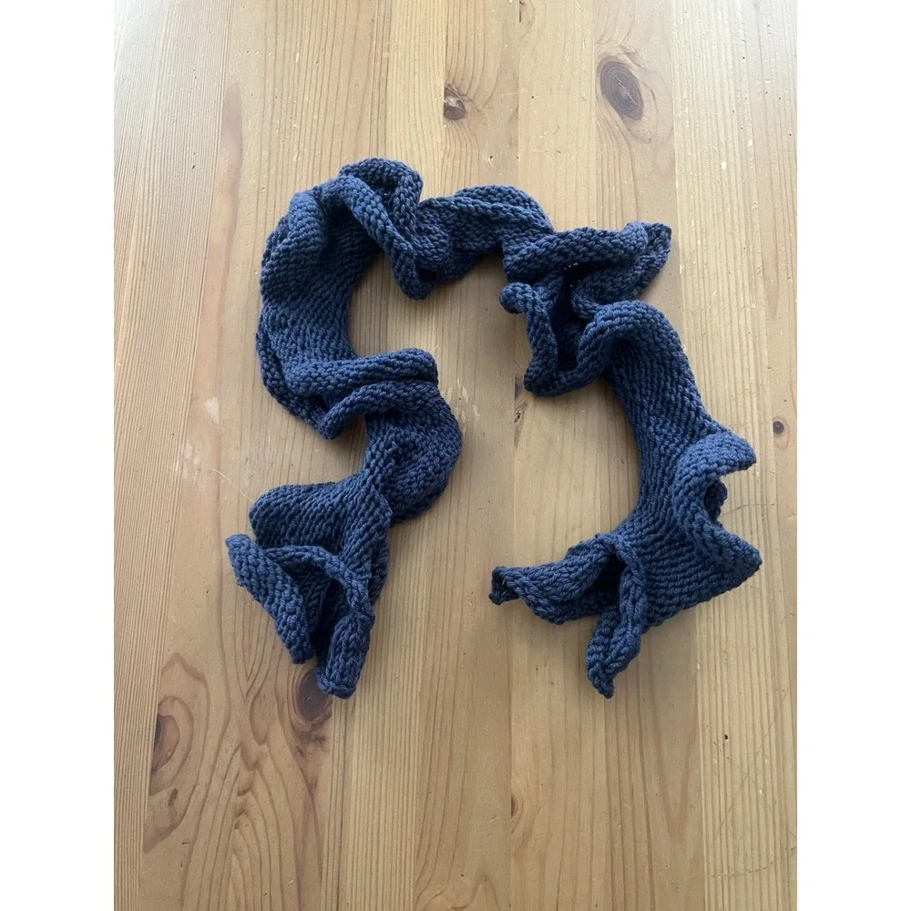 Hand Knit Short Blue Ruffle Scarf Frilly Boa Neck Accessory Handmade